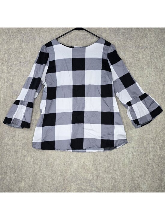 7th avenue Tops - Black & White Womens Plaid Bell Sleeve Top Medium Cotton Blend Pre-Owned